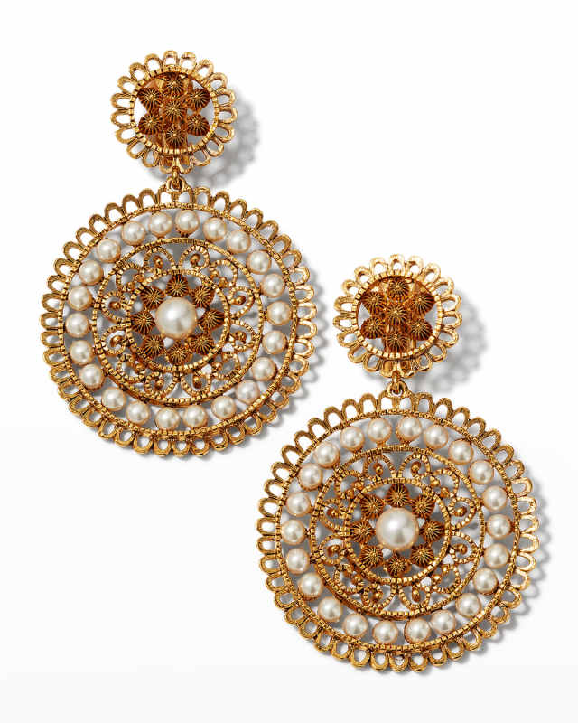 Antiqued and Pearly Cabochons Circle Drop Clip Earrings